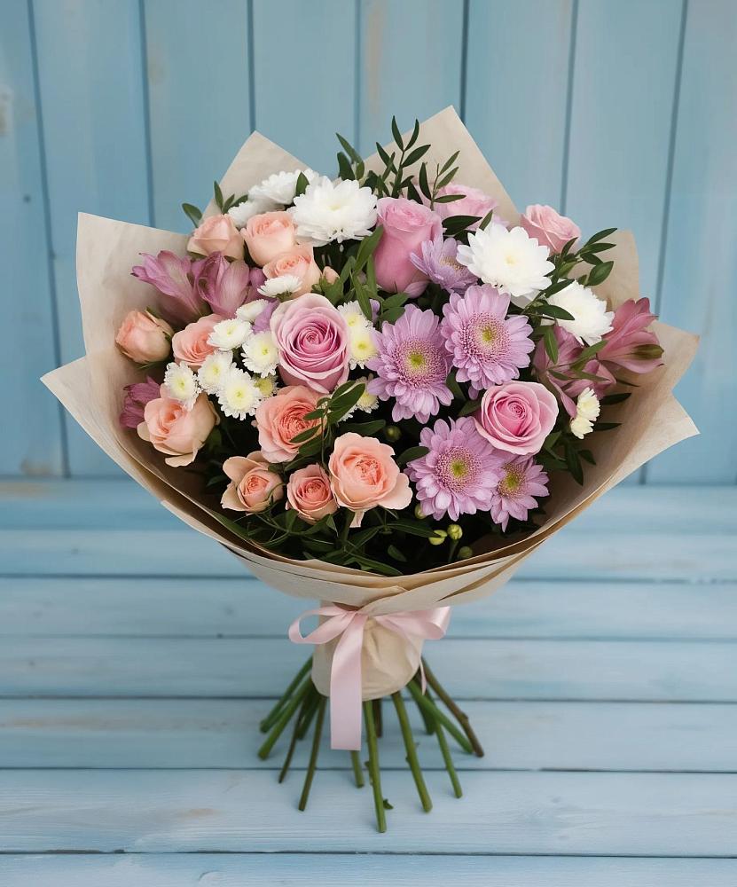 Букет цветов из: Хризантемы, Розы и Альстромерии в Октябрьский Иркутской области