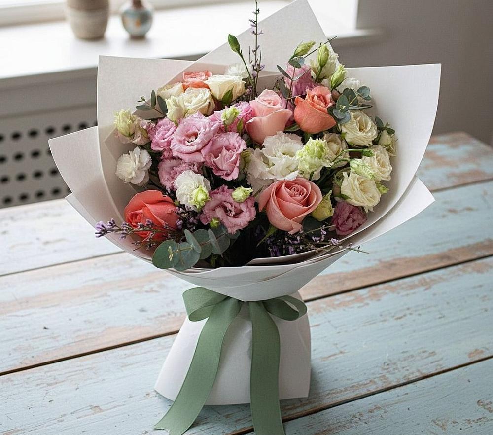 Букет цветов из: Розы, Лизиантусы и Гвоздики в Октябрьский Иркутской области