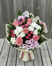 Букет цветов из:  Альстромерии, Гвоздики, Розы и Хризантемы в Октябрьский Иркутской области