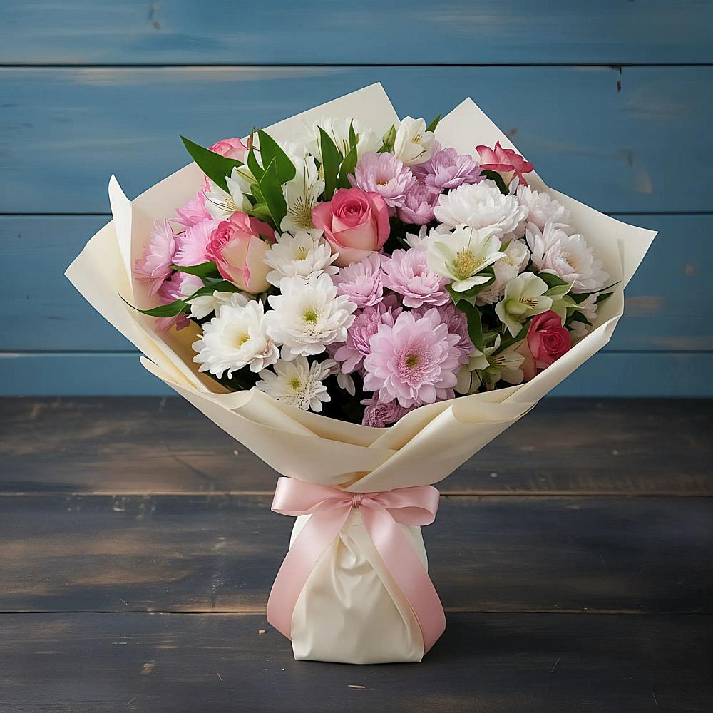 Букет цветов из: Хризантемы, Альстромерии и Розы в Октябрьский Иркутской области